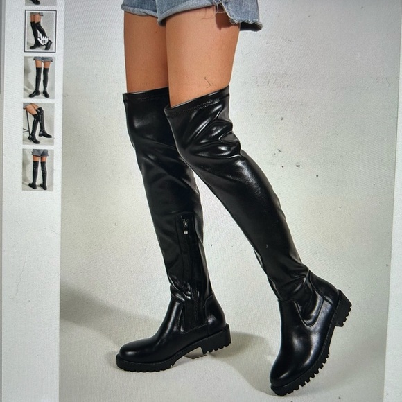 High rise black boots, "minimalist side zipper sock boots" - Picture 1 of 8